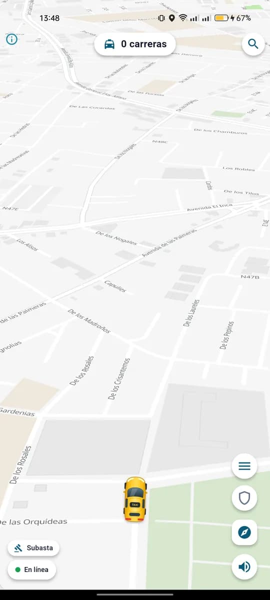 App Flovex del conductor: mapa con el taxi y el botón En línea